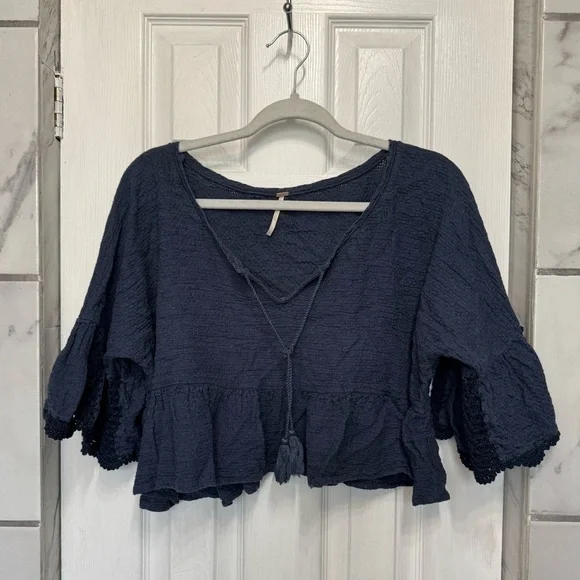 Free People Gauze Sweet Talker Top Women's Boho Peasant Blouse Navy Size Small - Picture 5 of 14